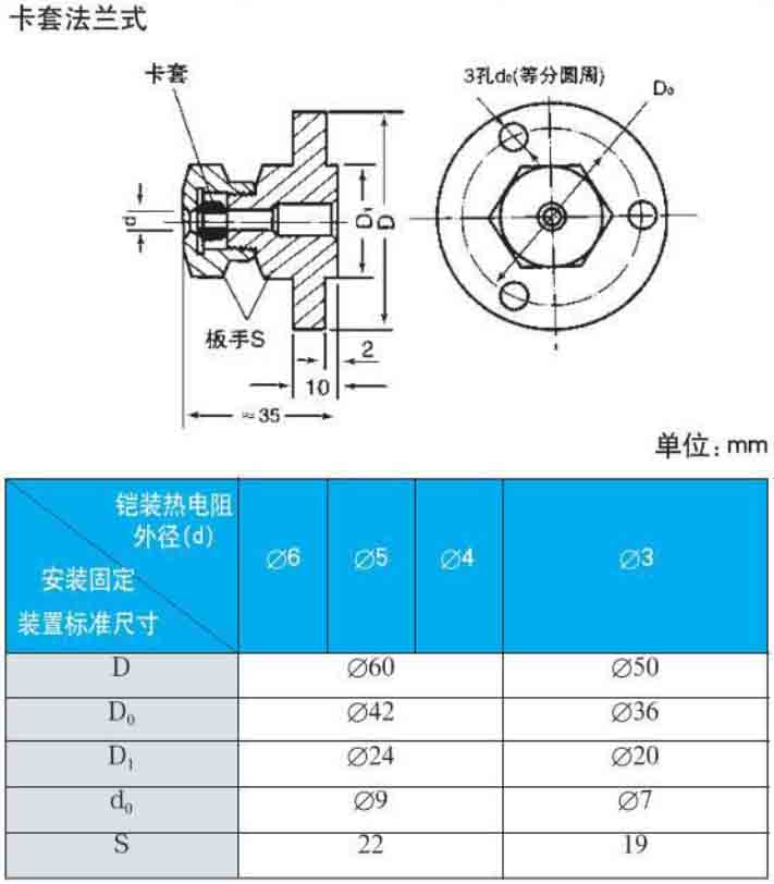 wzp熱電阻卡套法蘭式安裝尺寸圖